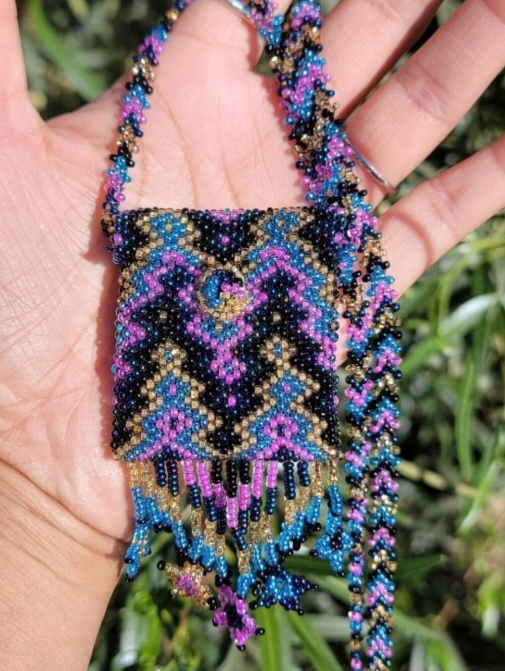 Southwestern handmade seed bead medicine pouch with tassles and stars necklace